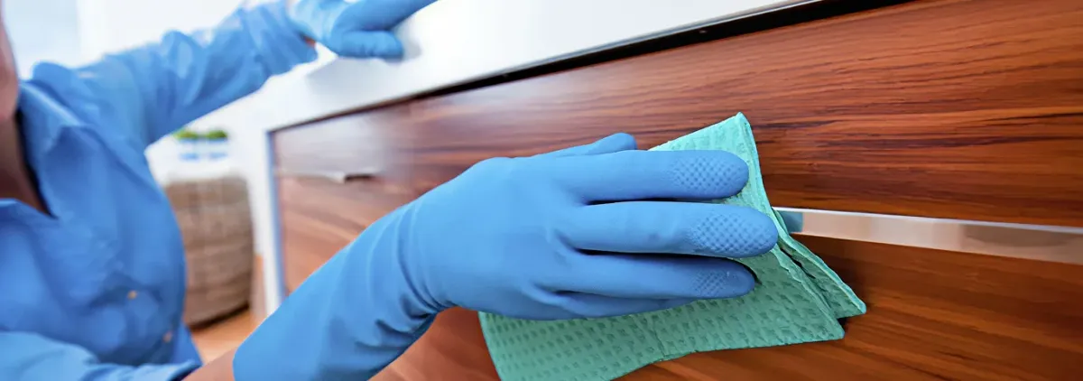 Cleaner wearing blue gloves wiping a wooden cabinet drawer with a microfiber cloth for dust and grime removal, Santa Ana, CA.